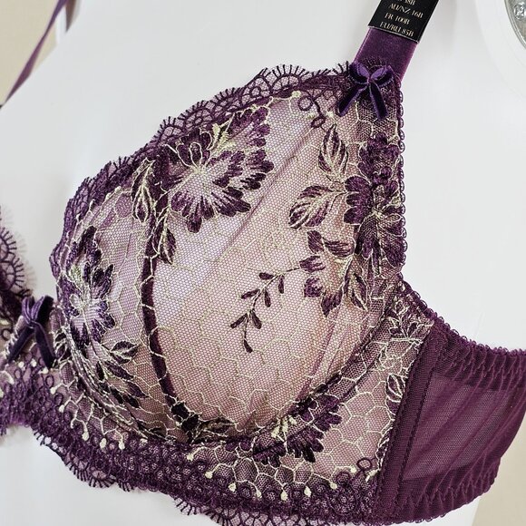 Dita Von Teese Evelina Aubergine Plum Unlined Embroidered Bra, Size 38B - Picture 8 of 10